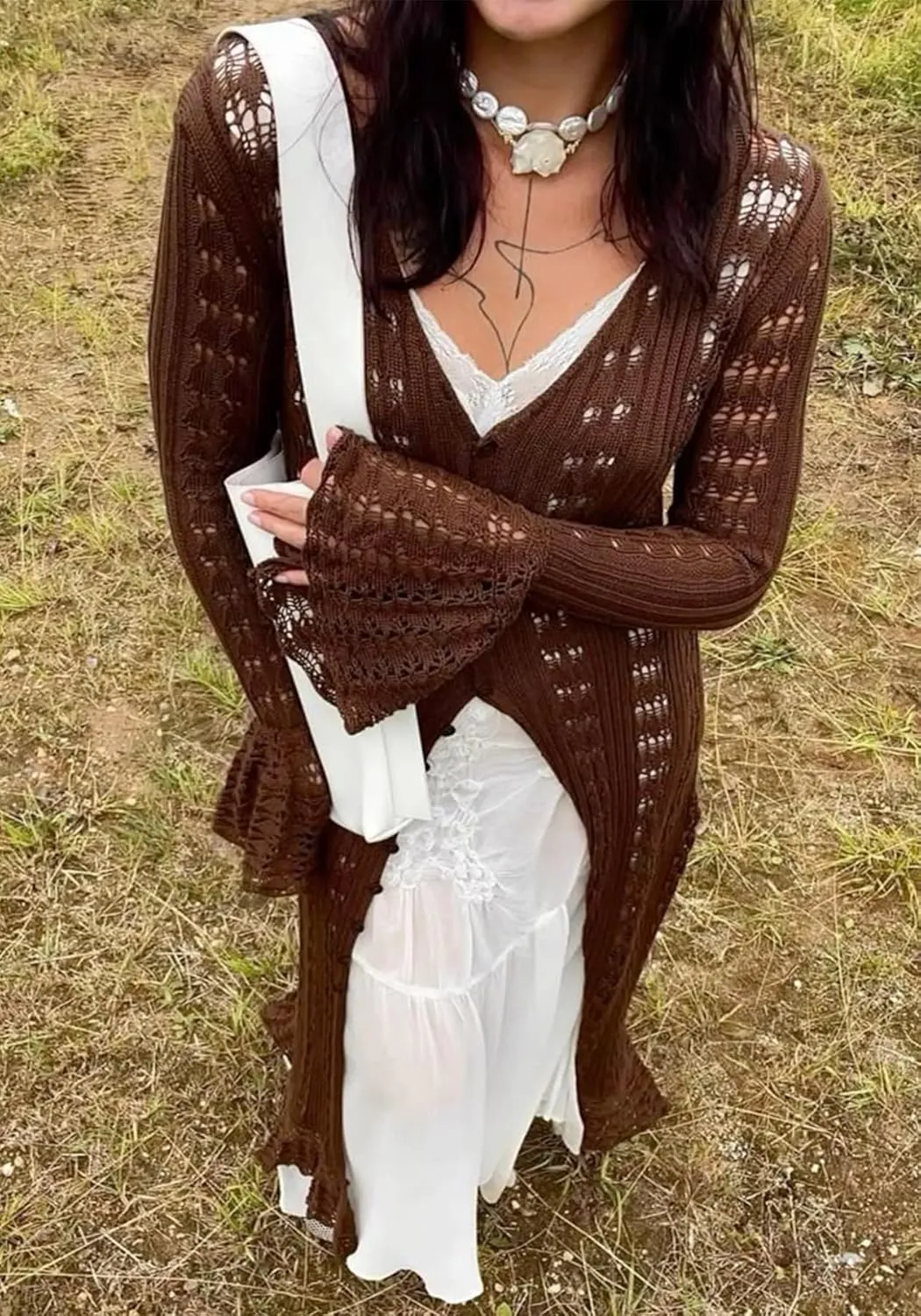 NRTHYE Women Long Crochet Cardigans Button up Knit Hollow Out Elegant Duster Sweaters Cover Up Maxi Dress