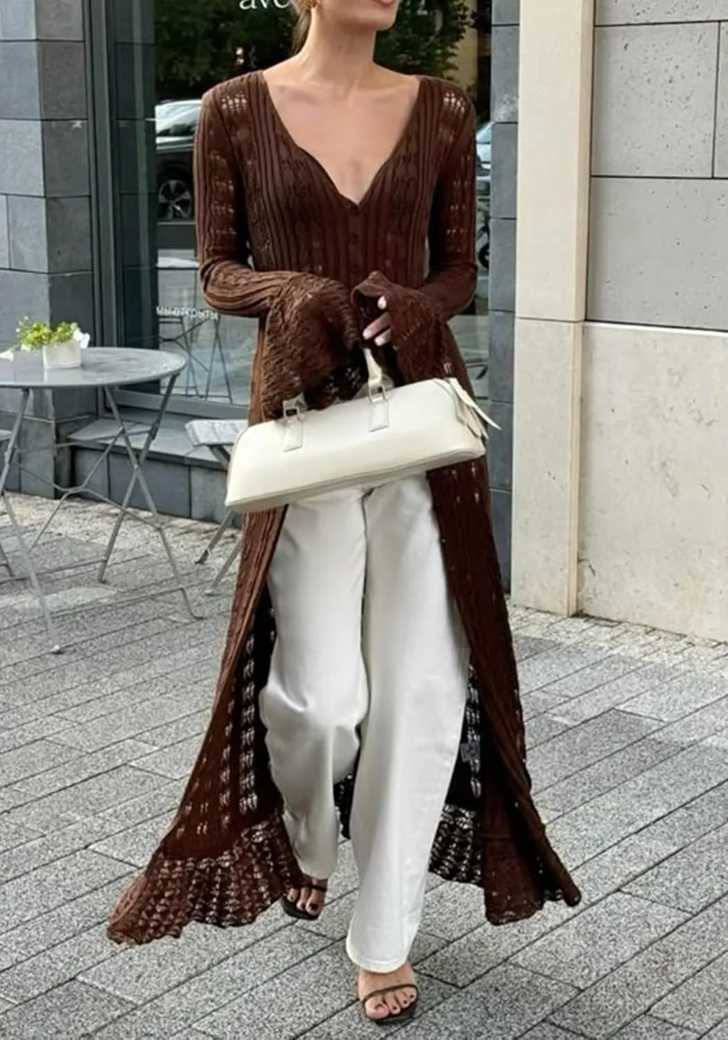 NRTHYE Women Long Crochet Cardigans Button up Knit Hollow Out Elegant Duster Sweaters Cover Up Maxi Dress