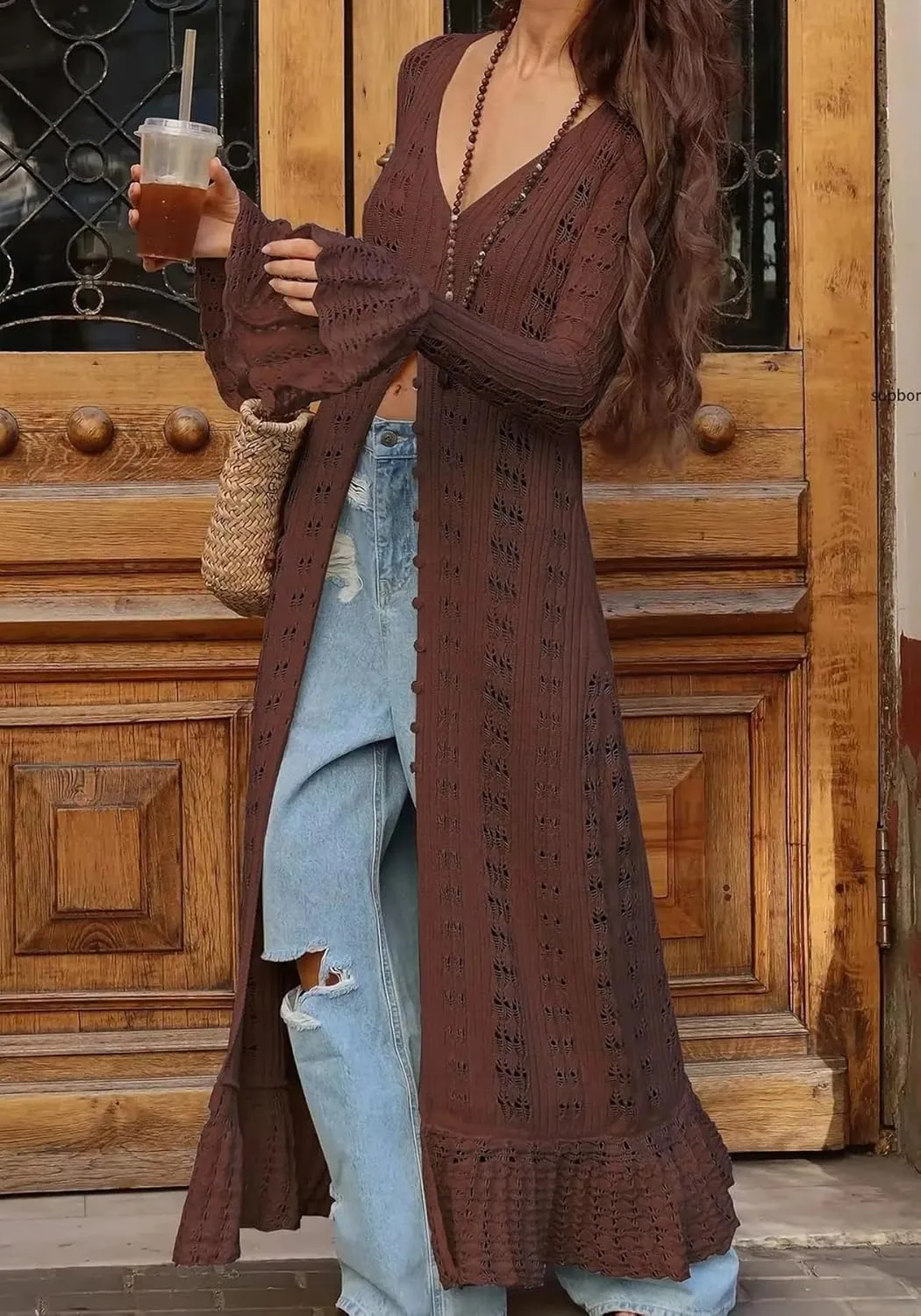 NRTHYE Women Long Crochet Cardigans Button up Knit Hollow Out Elegant Duster Sweaters Cover Up Maxi Dress