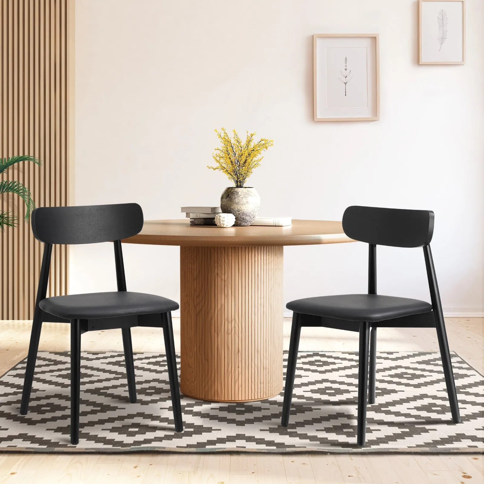 Oikiture 2x Dining Chairs Kitchen Chair PU Leather Solid Wood Cafe Lounge Black