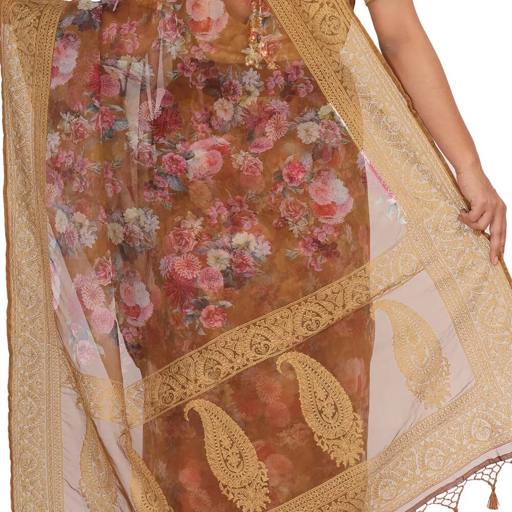 Organza digital print Banarasi Sari - Brown