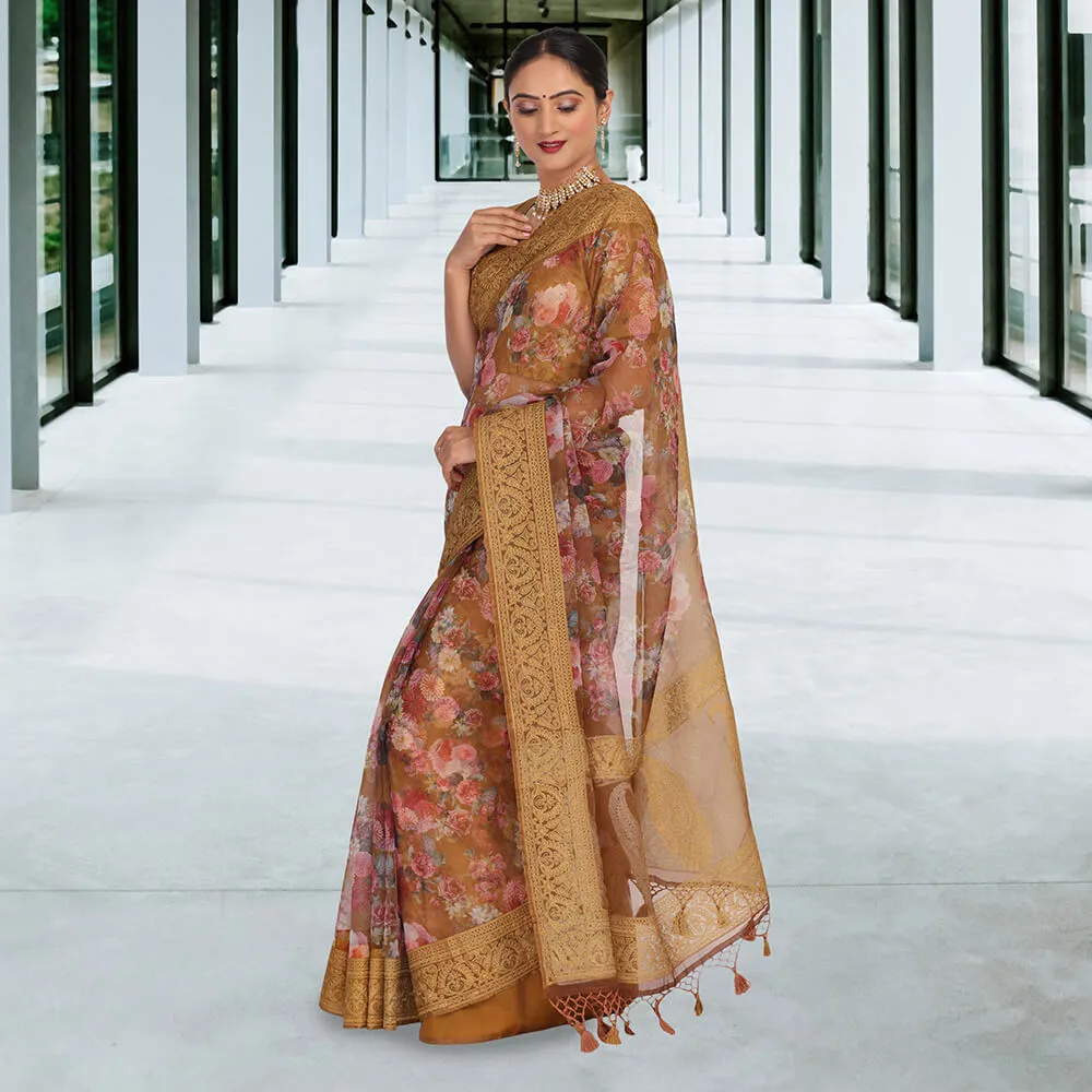 Organza digital print Banarasi Sari - Brown