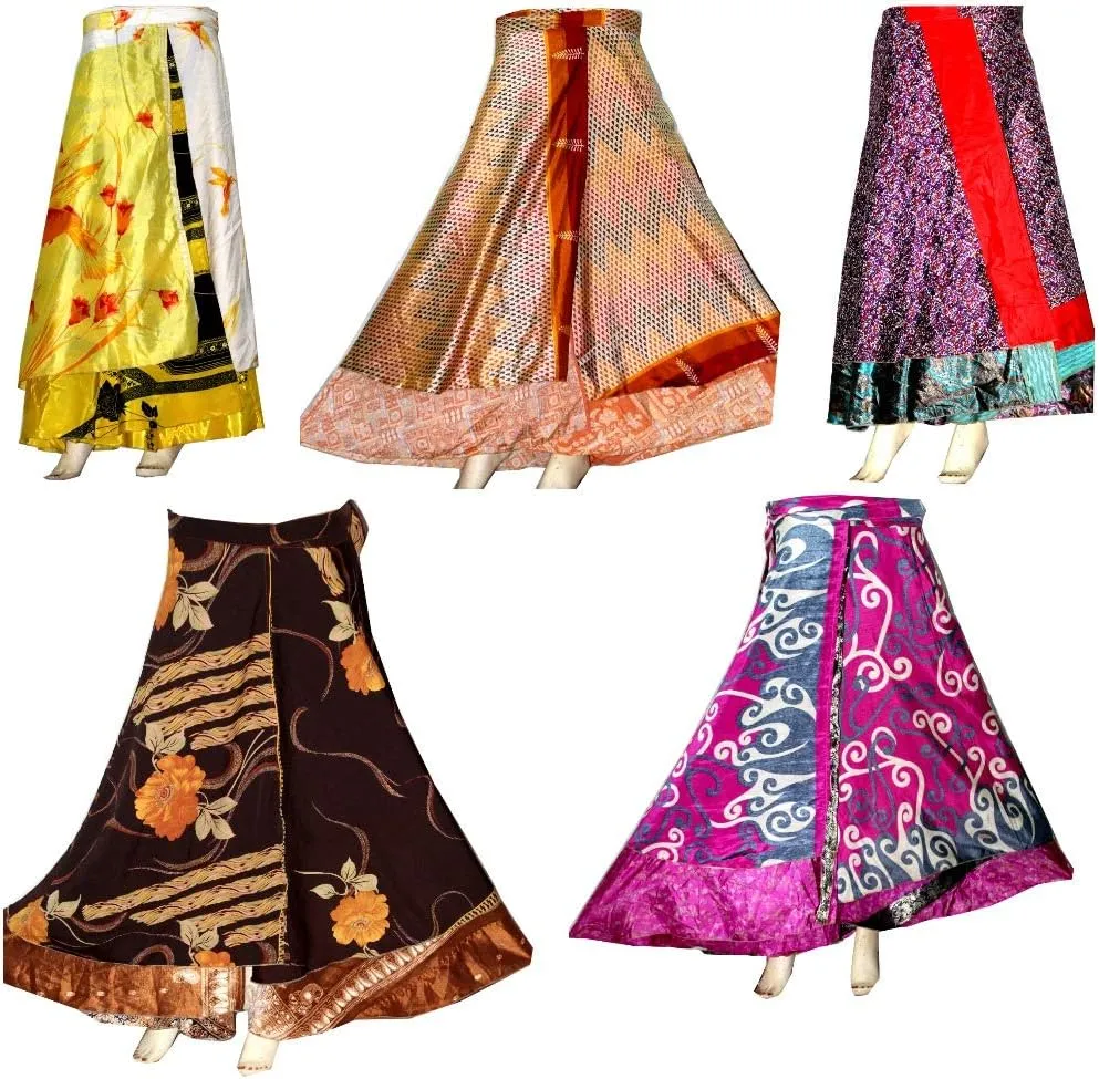 Original Two Layer Printed Wrap Around Vintage Silk Reversible Skirt 3 Pcs Pack