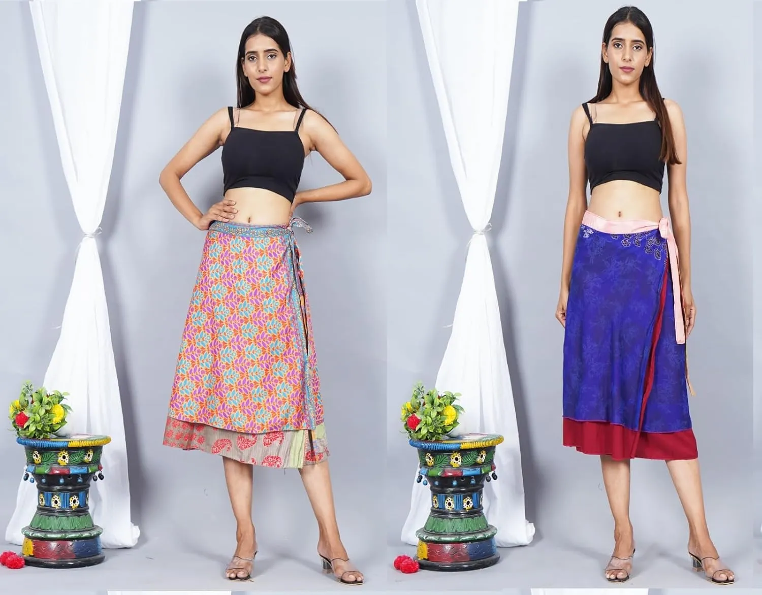 Original Two Layer Printed Wrap Around Vintage Silk Reversible Skirt 3 Pcs Pack