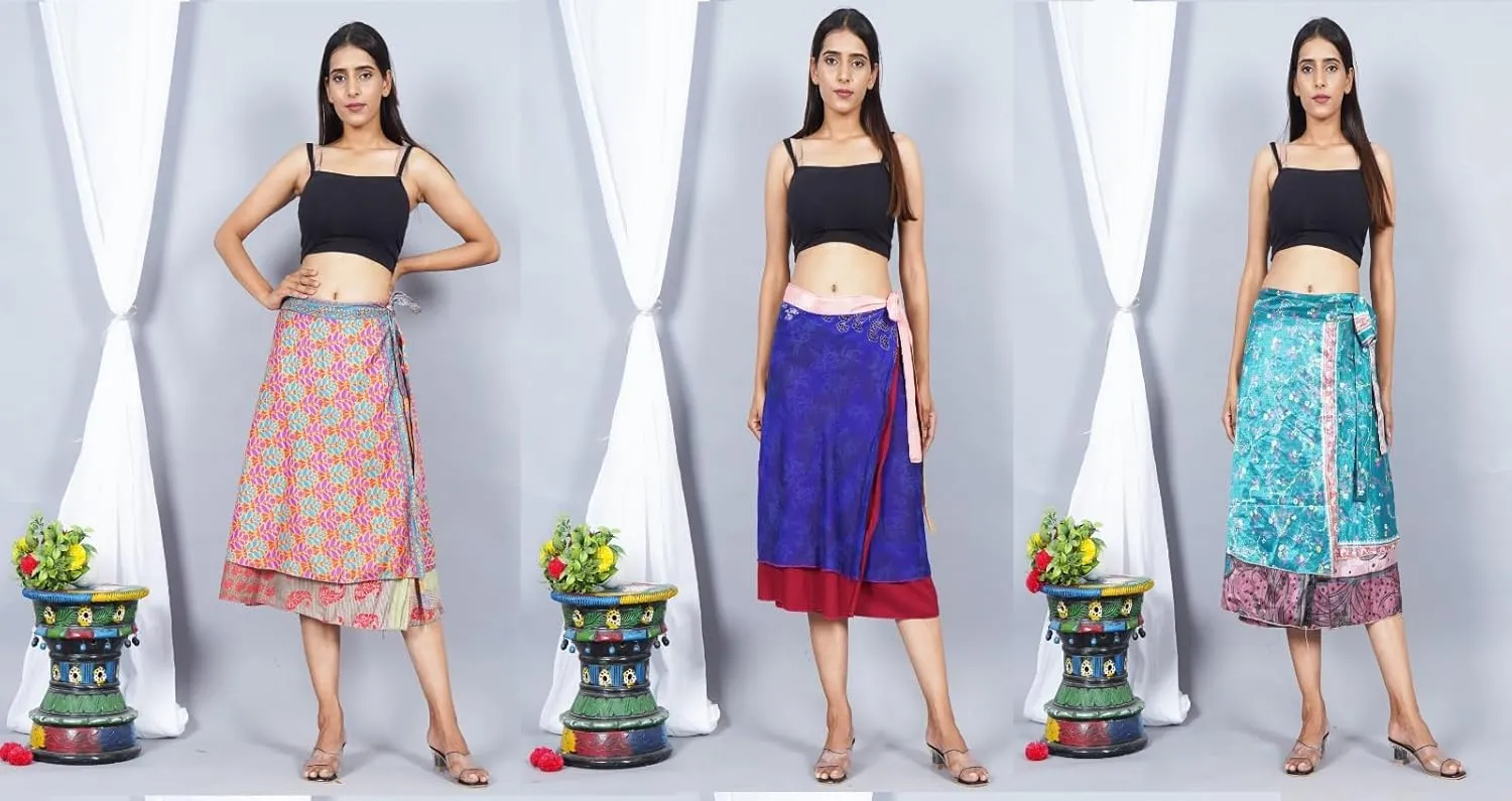 Original Two Layer Printed Wrap Around Vintage Silk Reversible Skirt 3 Pcs Pack