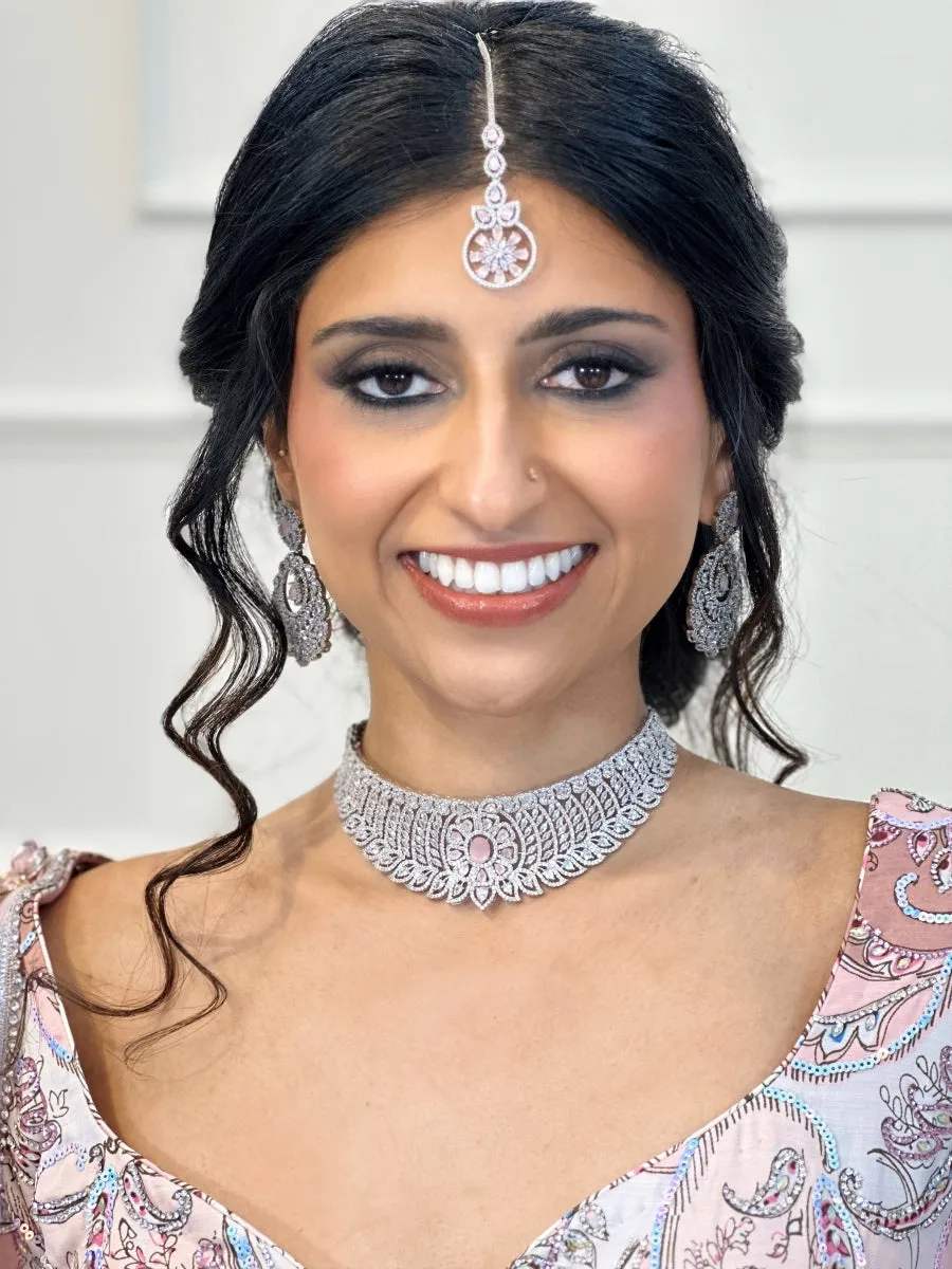 Pink and Silver Floral American Diamond Necklace Set