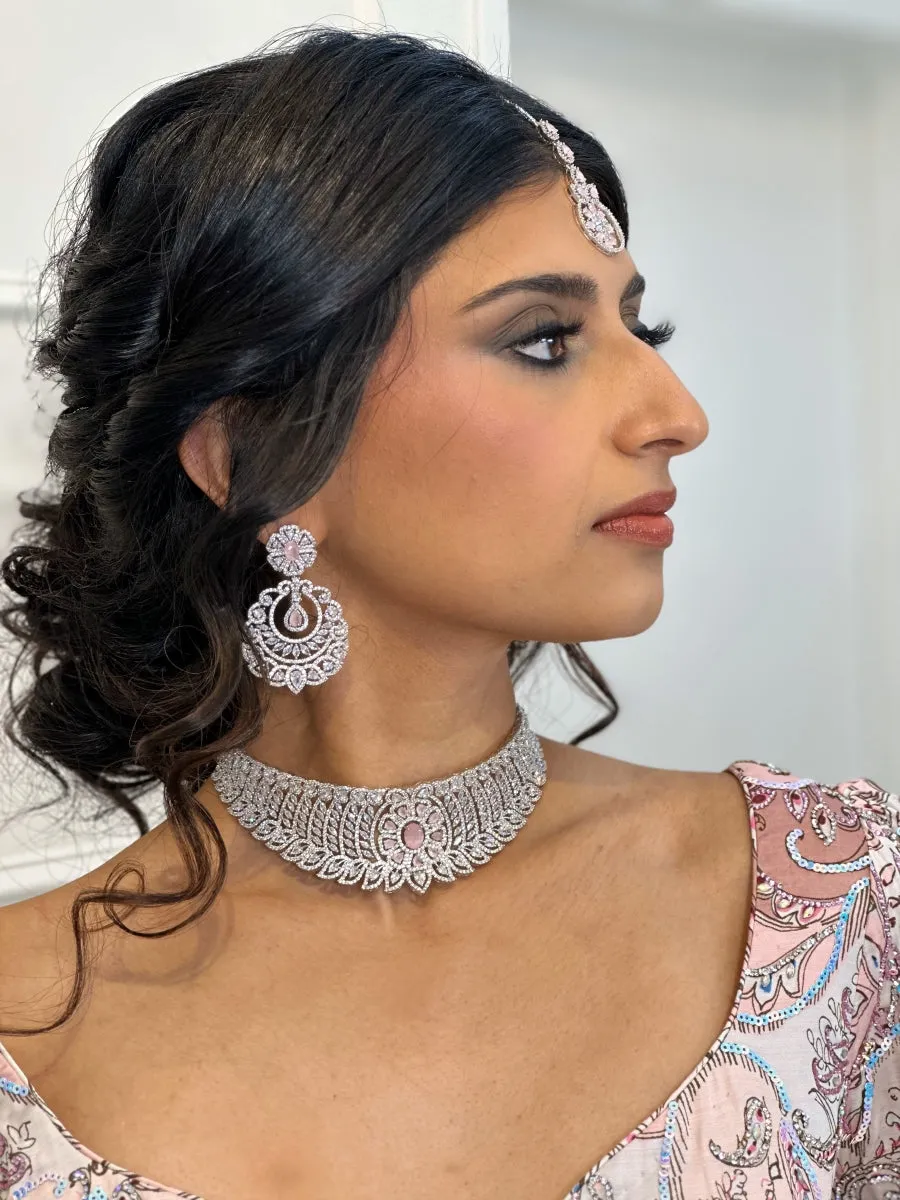 Pink and Silver Floral American Diamond Necklace Set