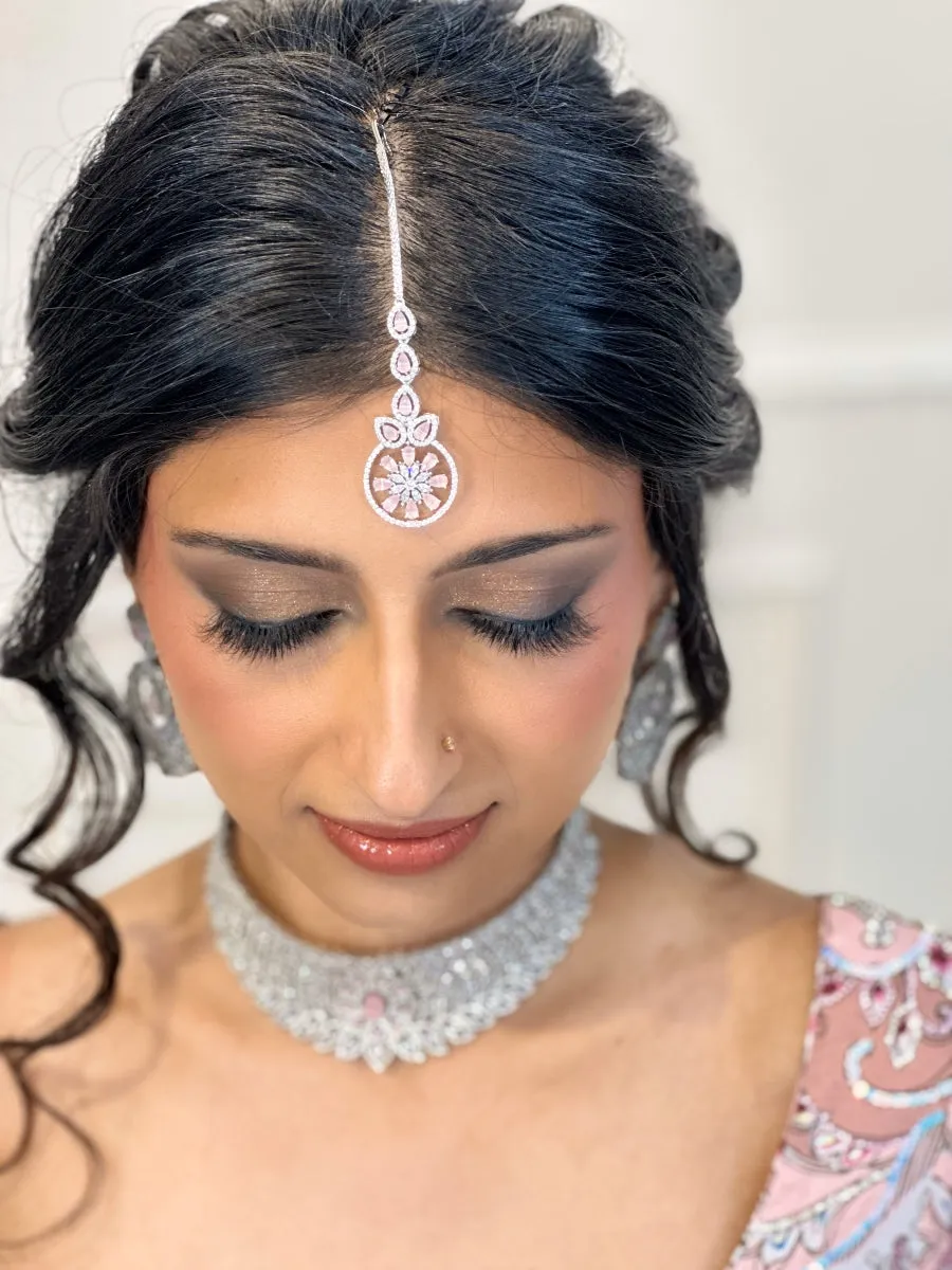 Pink and Silver Floral American Diamond Necklace Set