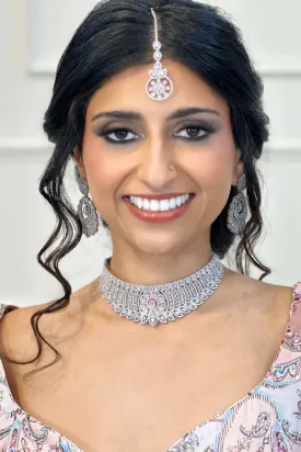 Pink and Silver Floral American Diamond Necklace Set