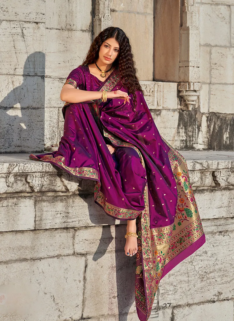 Purple Embellished Banarasi Silk Saree