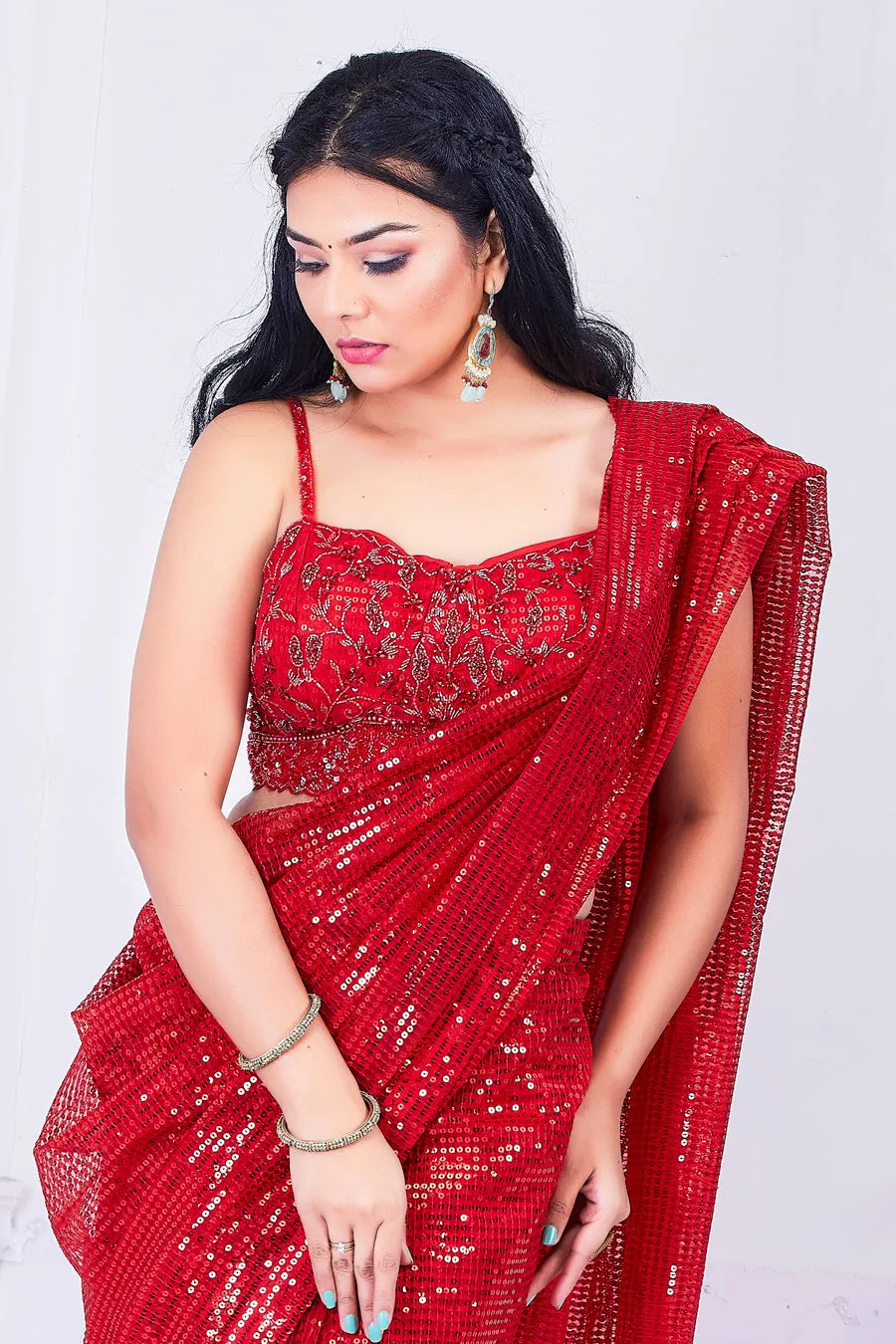 Ready made Red Sequin  Saree With Hand Work Heavy Choli