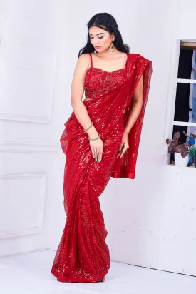 Ready made Red Sequin  Saree With Hand Work Heavy Choli