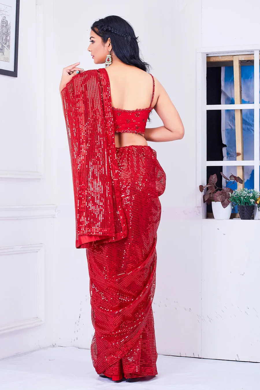 Ready made Red Sequin  Saree With Hand Work Heavy Choli