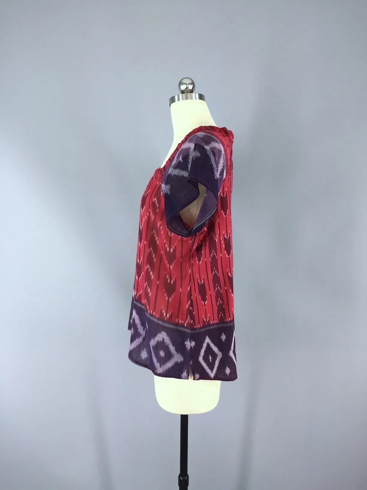 Red and Purple Ikat Indian Cotton Blouse made from a Vintage Indian Sari