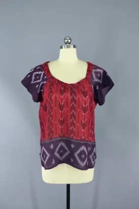Red and Purple Ikat Indian Cotton Blouse made from a Vintage Indian Sari