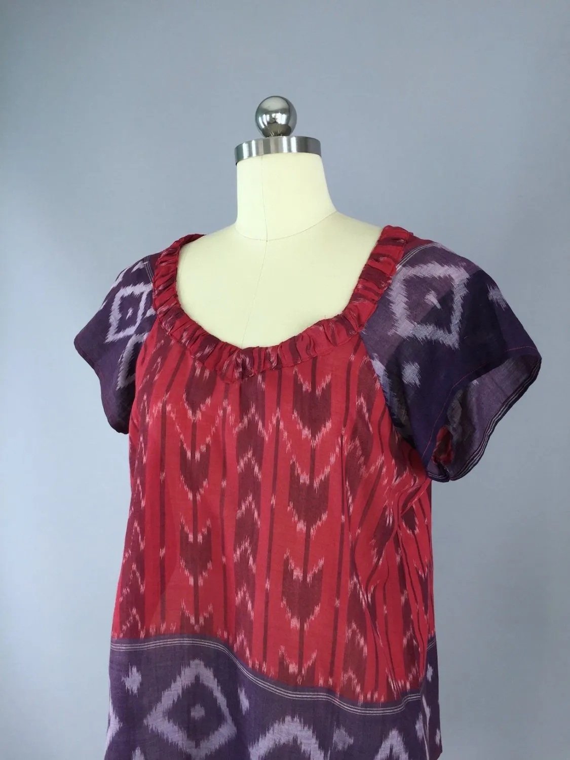 Red and Purple Ikat Indian Cotton Blouse made from a Vintage Indian Sari
