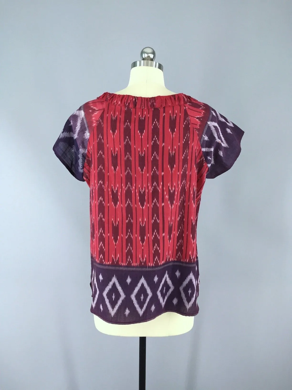 Red and Purple Ikat Indian Cotton Blouse made from a Vintage Indian Sari