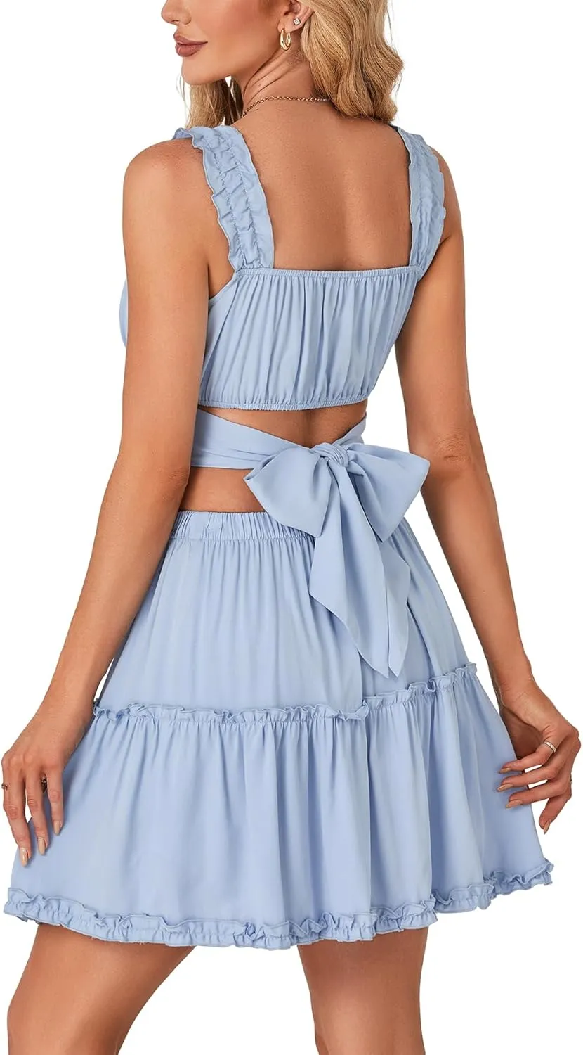 Rooscier Women's 2 Piece Outfits Self Tie Knot Crop Top and Mini Skirt Set