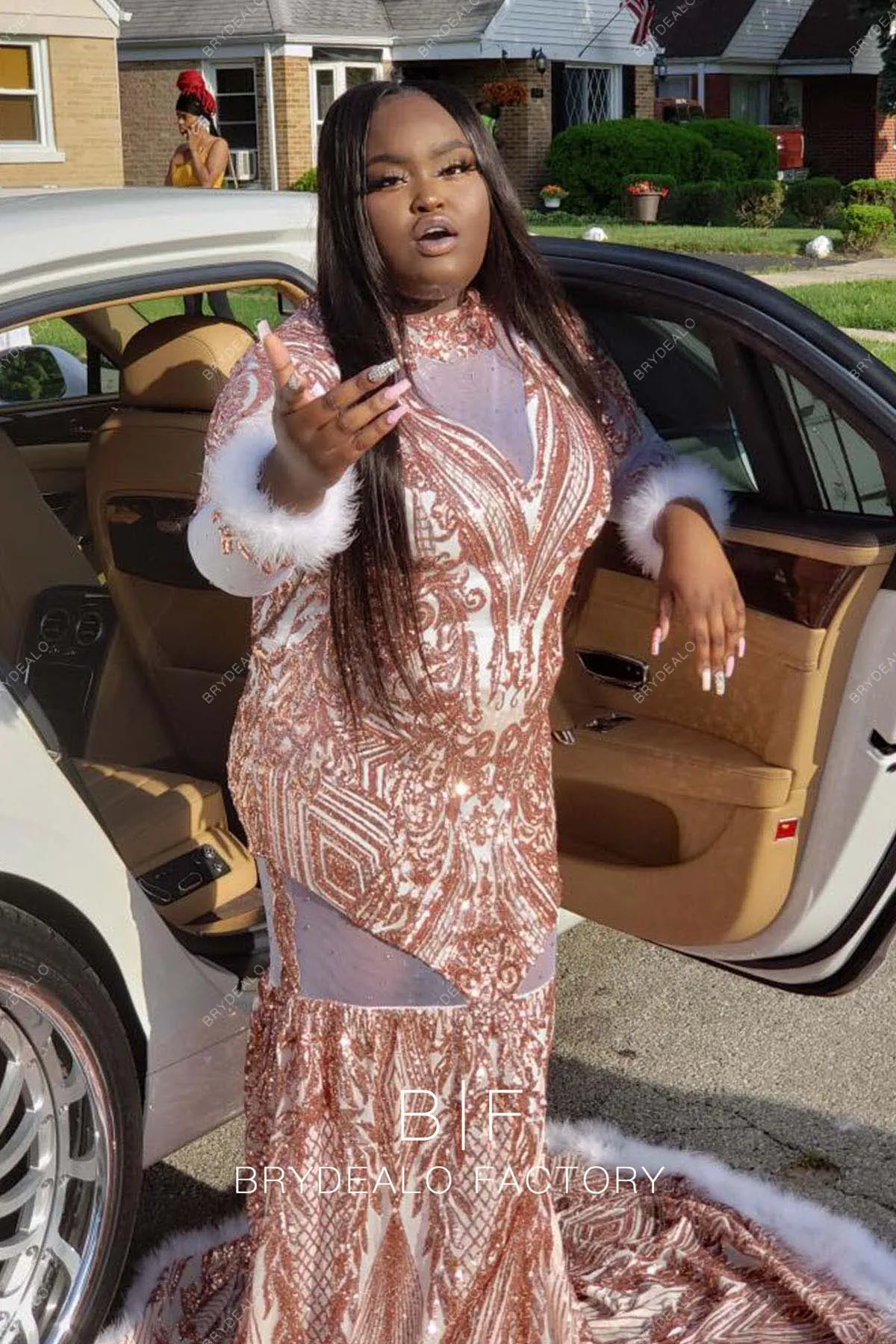 Rose Gold Unique Sequin Plus Size Mermaid Prom Dress