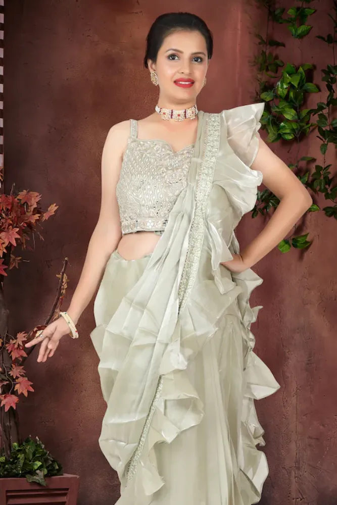 Satin Sage Frill Saree