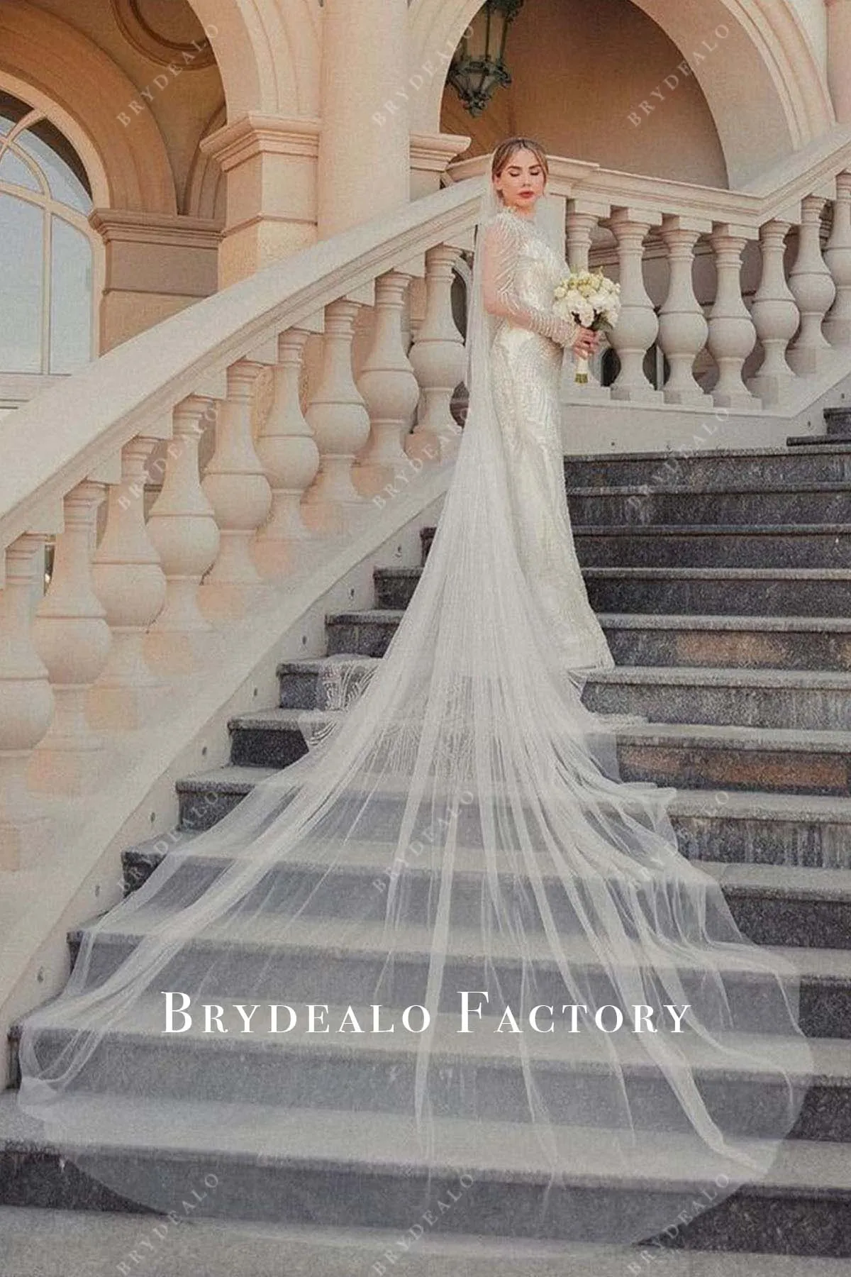 Sheer Long Sleeves Shimmer Fit and Flare Wedding Dress