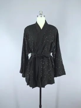 Silk Kimono Cardigan / Vintage Indian Sari / Black Beaded