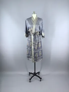Silk Sari Robe / Grey & Tan Floral Print