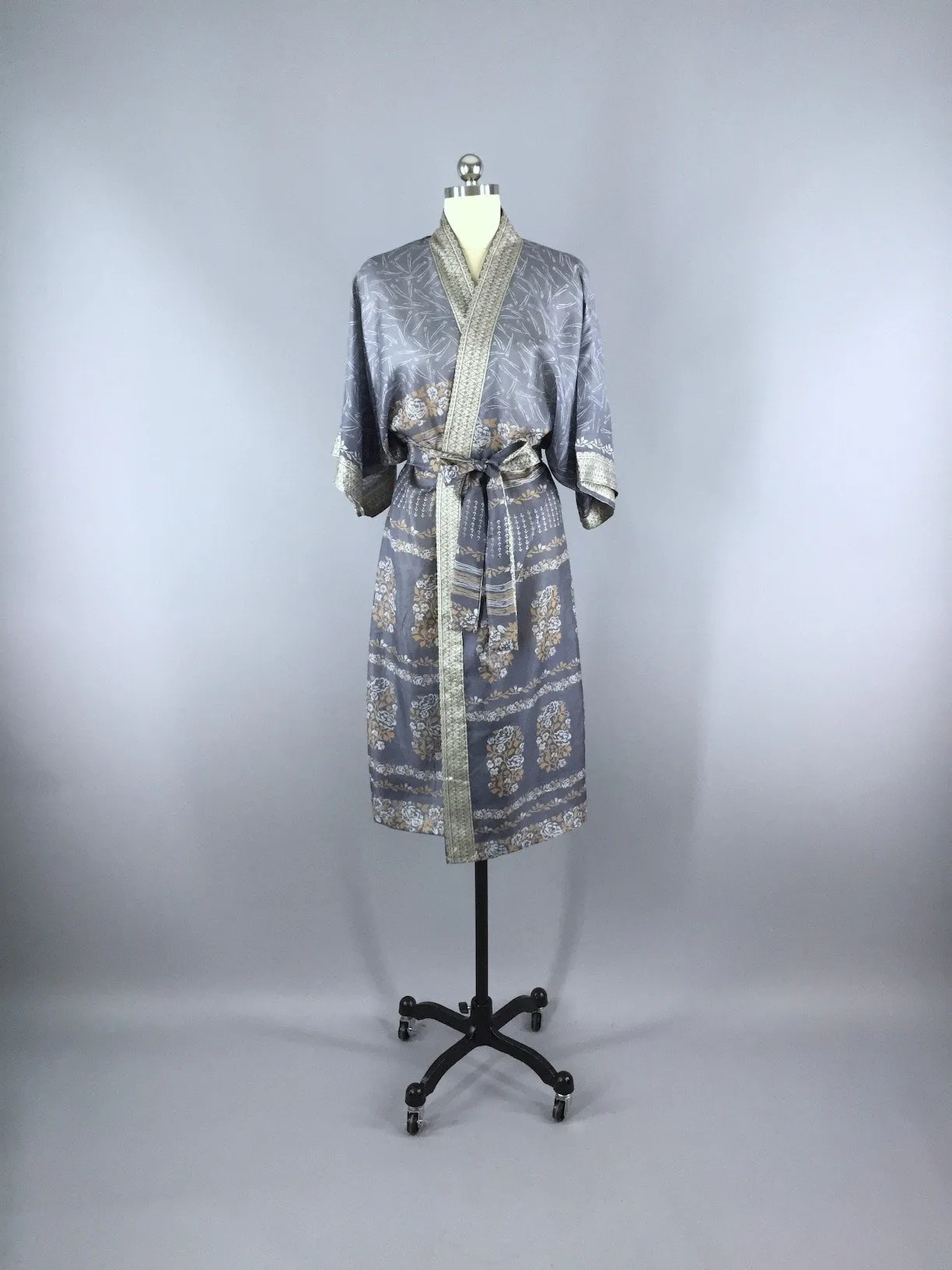 Silk Sari Robe / Grey & Tan Floral Print