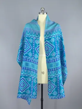 Silk Sari Scarf Wrap / Vintage Indian Sari / Blue Geometric