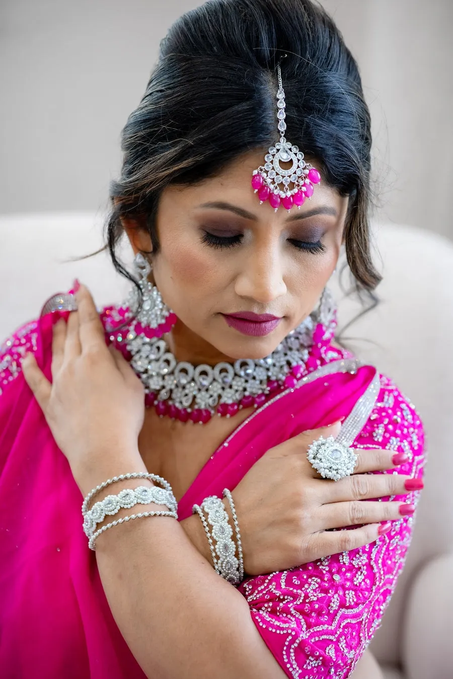 Silver and Pink Polki Necklace Set