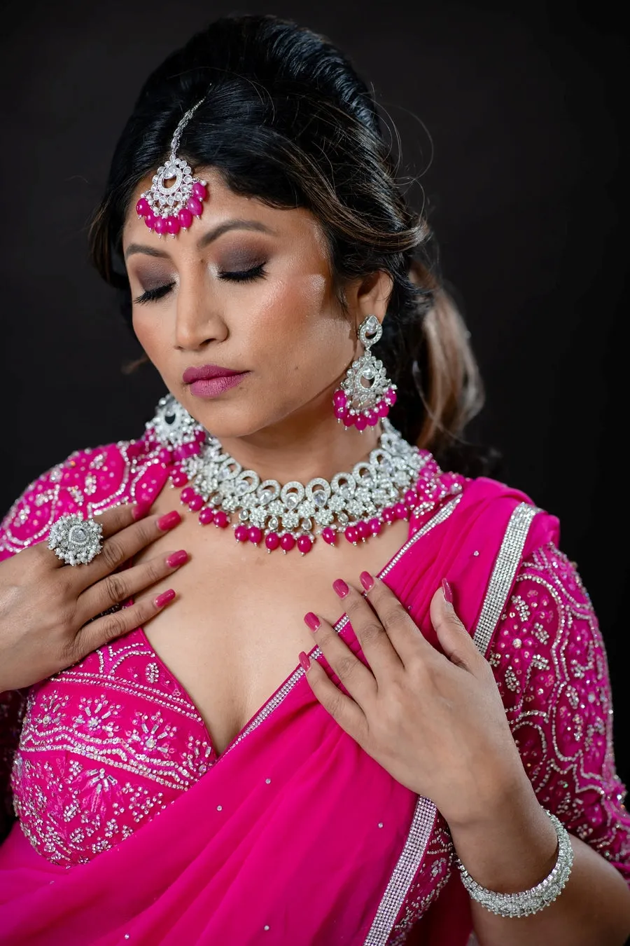 Silver and Pink Polki Necklace Set