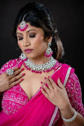 Silver and Pink Polki Necklace Set