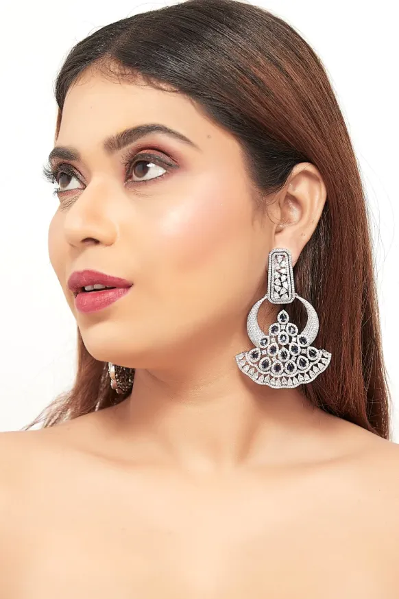 Silver Navy Blue Stoned Cubic Zirconia Earrings