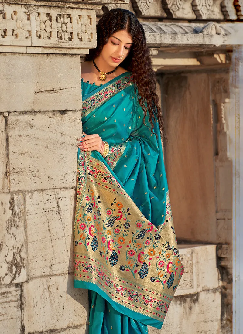Sky Blue Embellished Banarasi Silk Saree