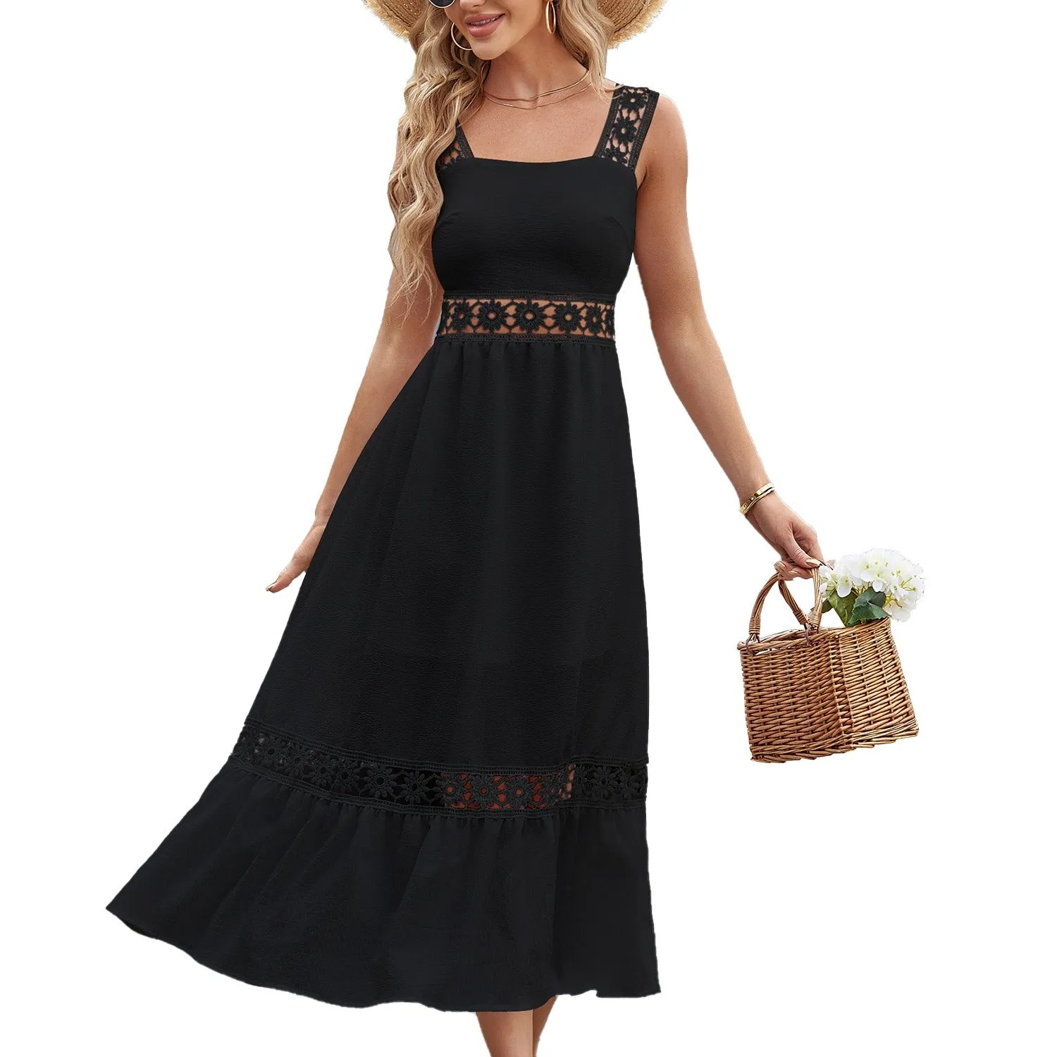 Solid Color Lace Spliced Square Neck Sleeveless Strap Dress