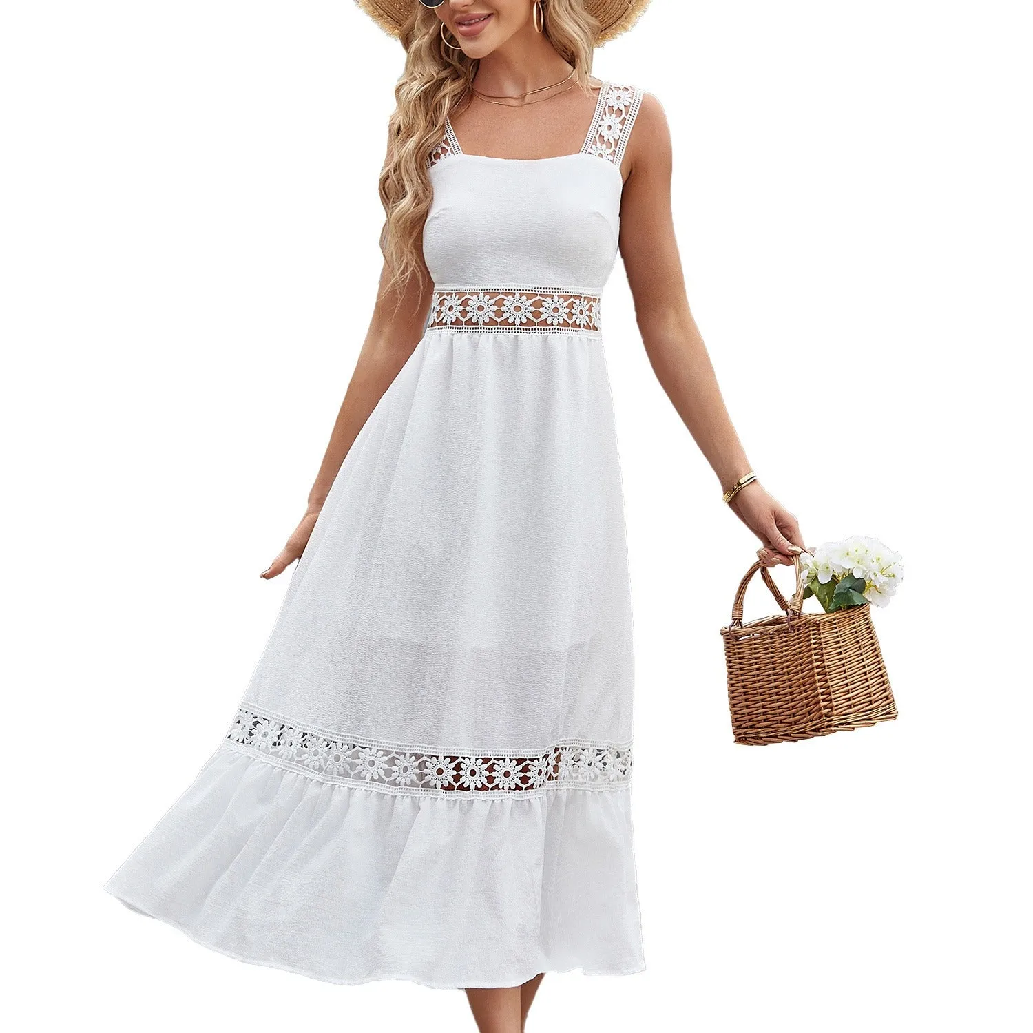 Solid Color Lace Spliced Square Neck Sleeveless Strap Dress