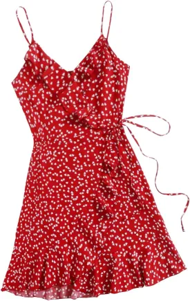 Spaghetti Strap Floral Mini Dress Women's Casual Wrap V-Neck Tie Side Ruffle Boho Dress Summer Beach Sundress