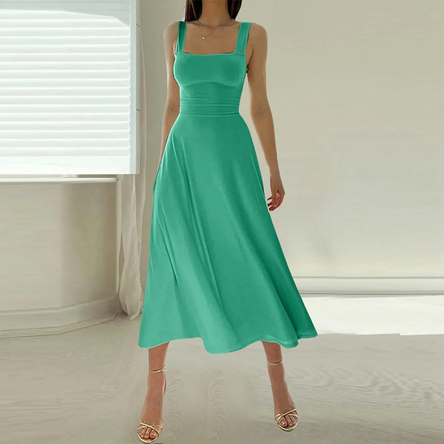 Summer Casual Dresses for Women 2025 Maxi Tank Top Dress Square Neck Sleeveless Drawstring Backless Long Sundress
