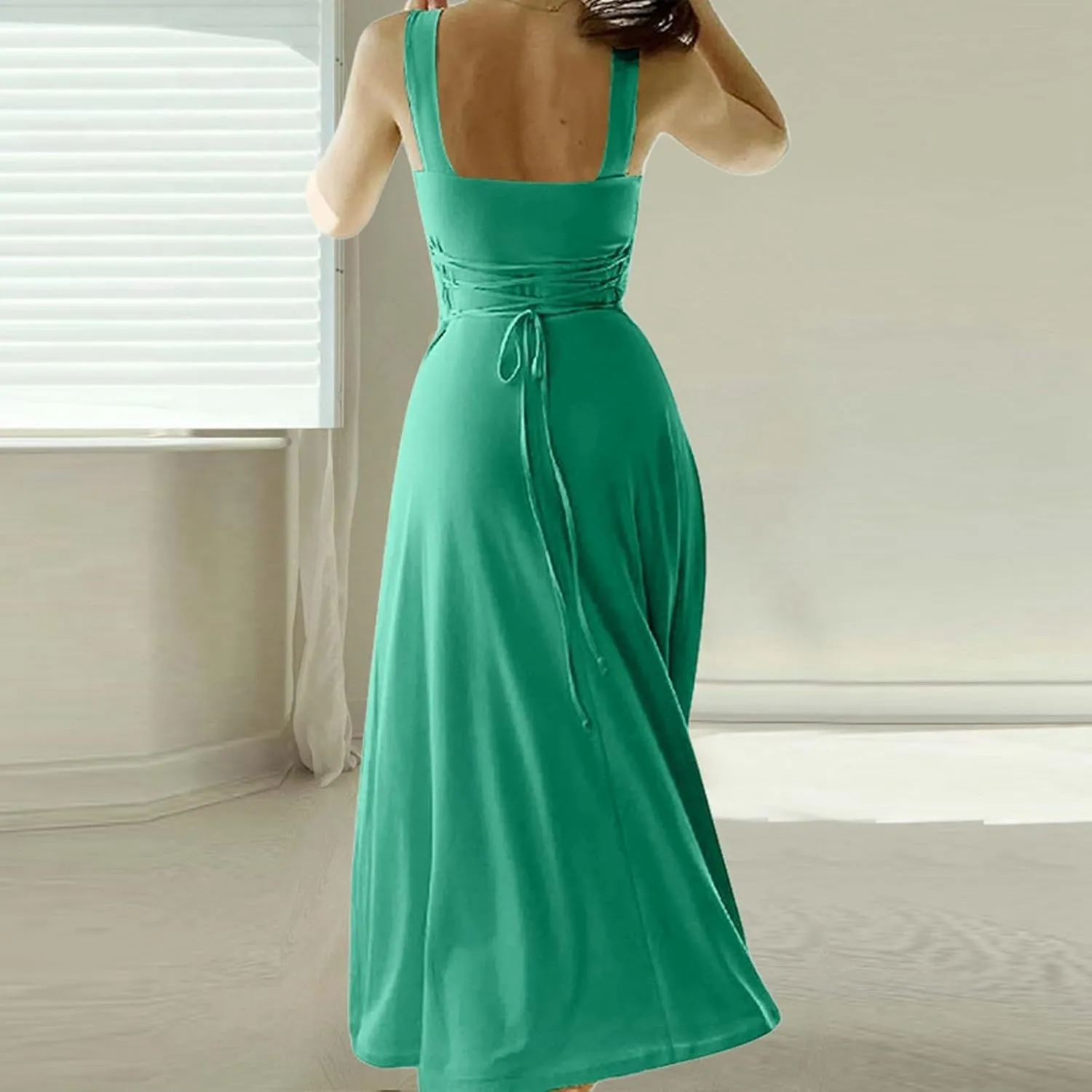 Summer Casual Dresses for Women 2025 Maxi Tank Top Dress Square Neck Sleeveless Drawstring Backless Long Sundress