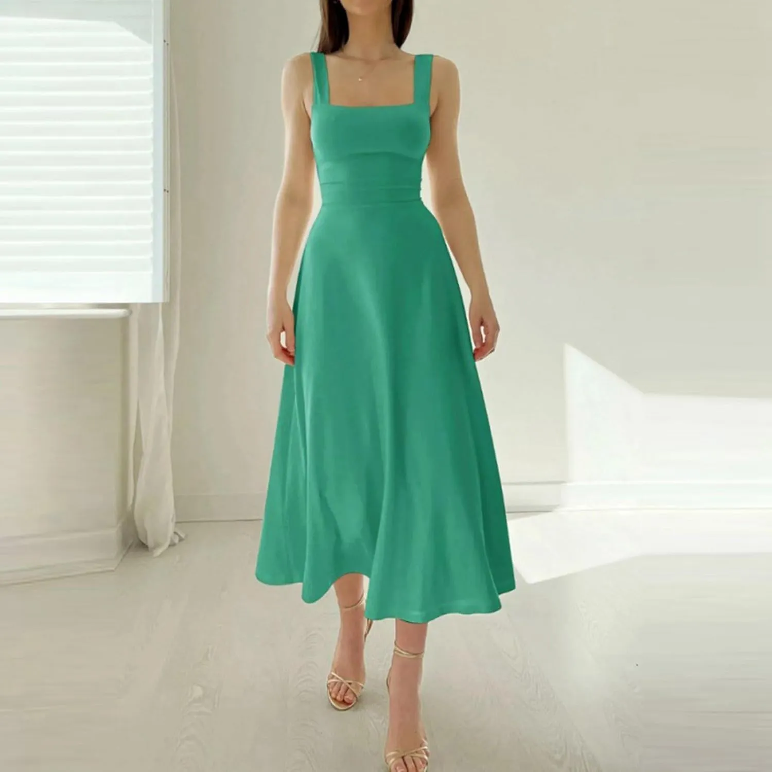 Summer Casual Dresses for Women 2025 Maxi Tank Top Dress Square Neck Sleeveless Drawstring Backless Long Sundress