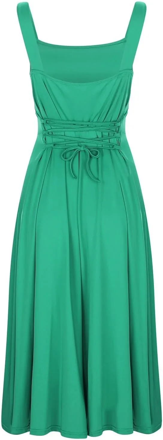 Summer Casual Dresses for Women 2025 Maxi Tank Top Dress Square Neck Sleeveless Drawstring Backless Long Sundress