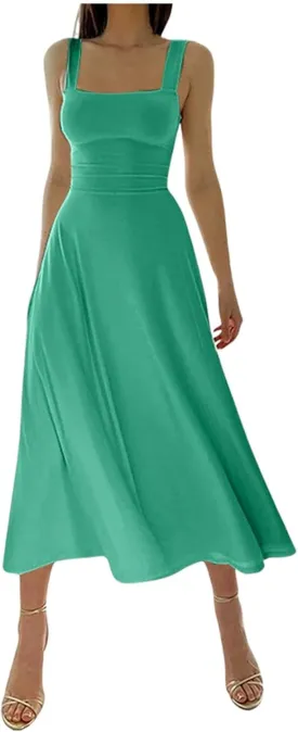 Summer Casual Dresses for Women 2025 Maxi Tank Top Dress Square Neck Sleeveless Drawstring Backless Long Sundress