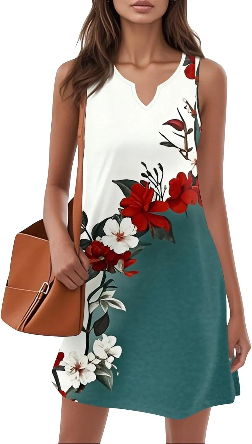Summer Dresses for Women V-Neck Sundresses Sleeveless Loose Sleep Dress Beach Tank Dress Floral Casual T Shirt Dresses