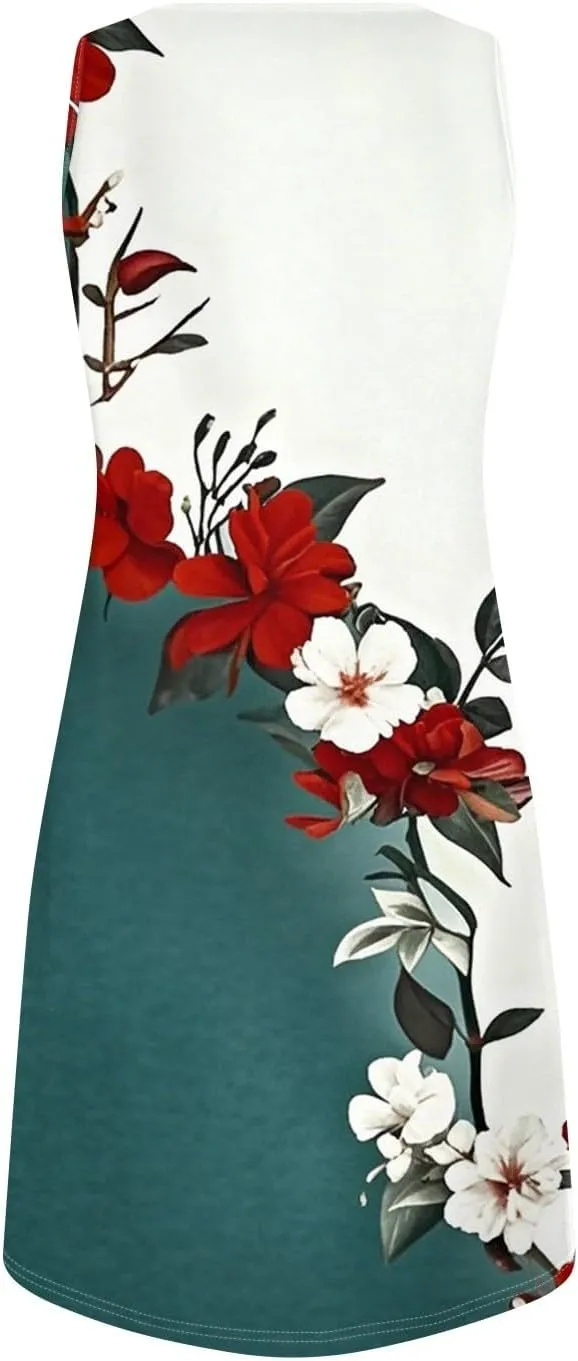 Summer Dresses for Women V-Neck Sundresses Sleeveless Loose Sleep Dress Beach Tank Dress Floral Casual T Shirt Dresses