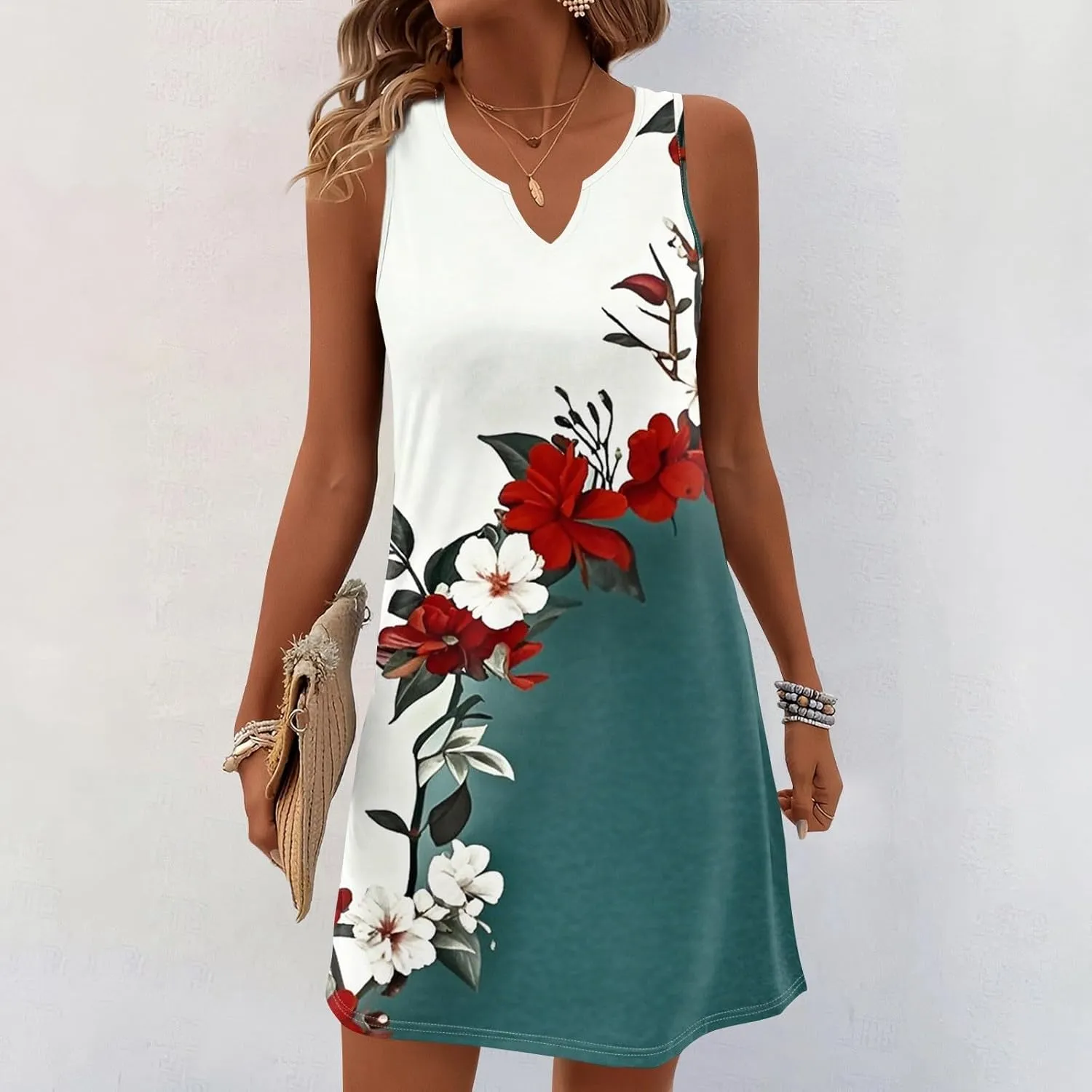 Summer Dresses for Women V-Neck Sundresses Sleeveless Loose Sleep Dress Beach Tank Dress Floral Casual T Shirt Dresses