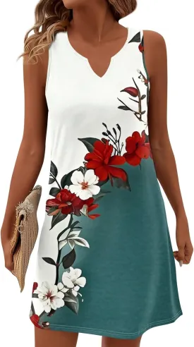 Summer Dresses for Women V-Neck Sundresses Sleeveless Loose Sleep Dress Beach Tank Dress Floral Casual T Shirt Dresses