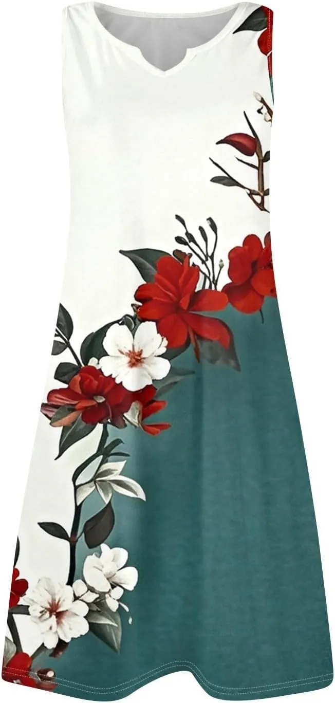 Summer Dresses for Women V-Neck Sundresses Sleeveless Loose Sleep Dress Beach Tank Dress Floral Casual T Shirt Dresses