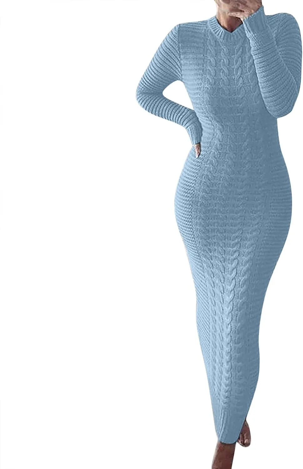 Sweater Maxi Dress Women Crewneck Long Sleeve Chunky Cable Knit Pullover Sweater Bodycon Long Dress Jumper Dress