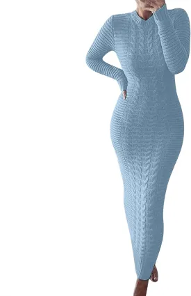 Sweater Maxi Dress Women Crewneck Long Sleeve Chunky Cable Knit Pullover Sweater Bodycon Long Dress Jumper Dress