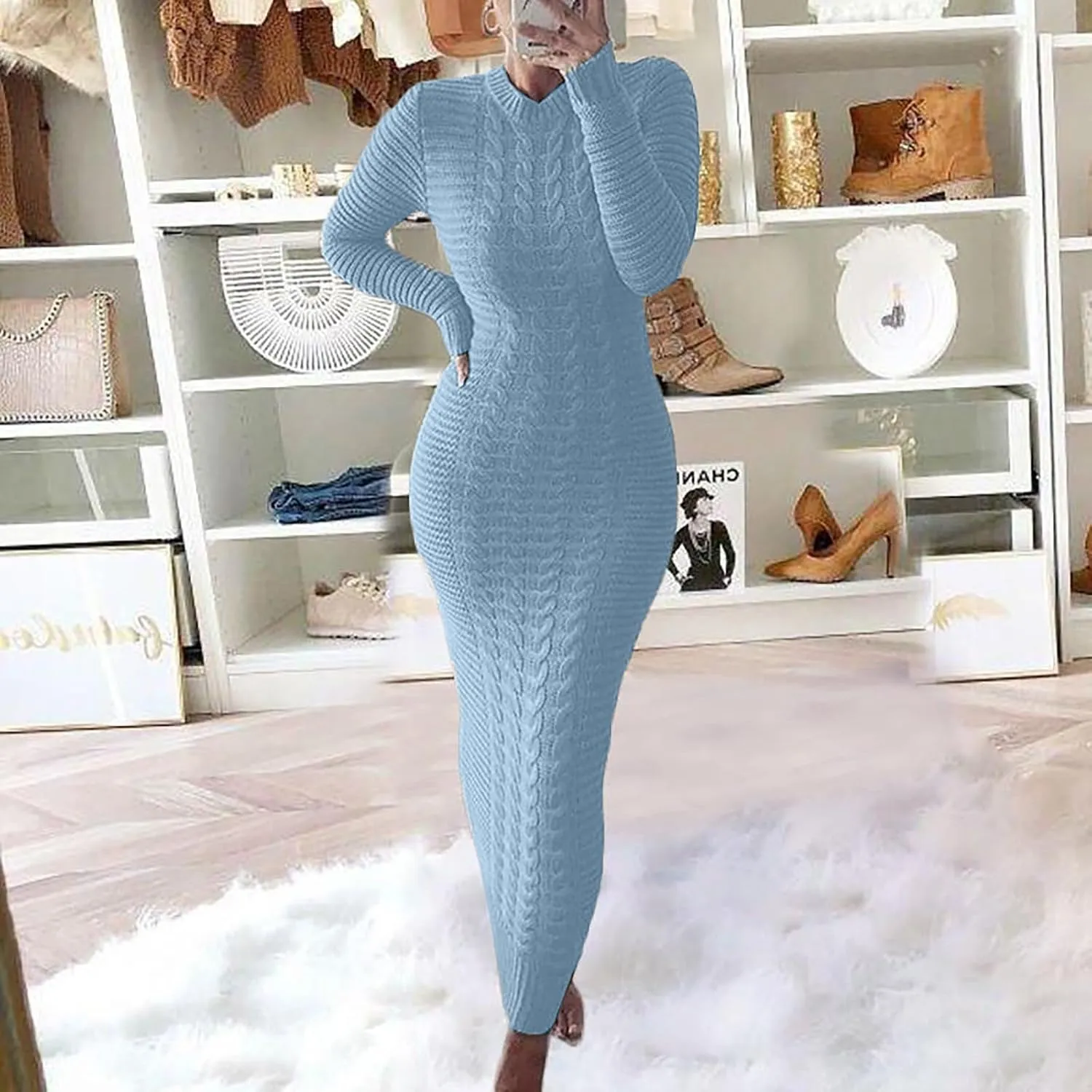 Sweater Maxi Dress Women Crewneck Long Sleeve Chunky Cable Knit Pullover Sweater Bodycon Long Dress Jumper Dress